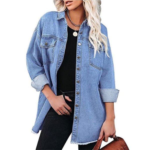 Kvinnors Oversize Denimjacka Casual Lång Pojkvän Distresse Jeanjacka Höst Vår Light blue XL