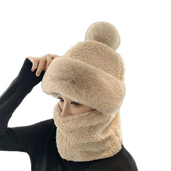 Naisten Talvinen Pehmoinen Tekoturkis Hattu Paksu Tuulenpitävä Hupullinen Huivi Hattu Kaulanlämmitin Light Khaki