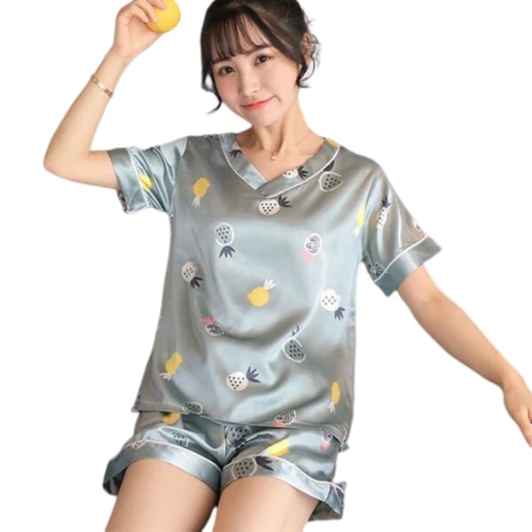 Satin Pyjamassæt til Kvinder Knap-ned Pyjamassæt Toppe og Shorts Silke Nattøj til Hjemmebrug L