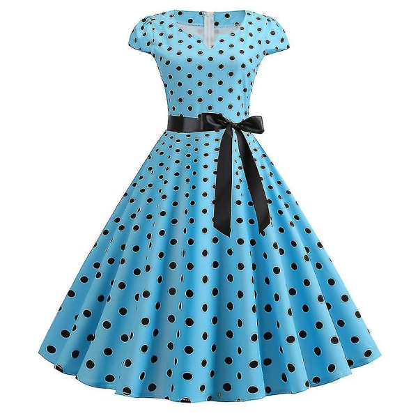 Kvinnor Polka Dot Retro 1950s 60s Rockabilly Aftonklänning Swing Fest Midiklänning Blue 2XL