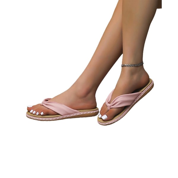Dame Bowknot Flip Flops Slippers Casual Clip Toe Sandaler Sommer Strand Flade Sko Pink 37