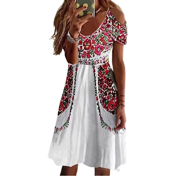 Boheme blomstret A-linje kjole med kolde skuldre til kvinder, sommerkjoler med korte ærmer, plus size White M