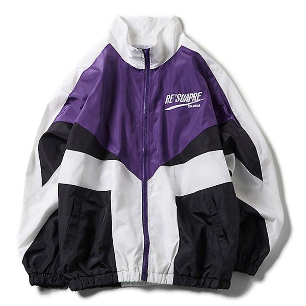 Varsity jakke i college-stil til mænd forår bogstav broderi bomberjakke afslappet street løs patchwork lynlås frakke kvinder par Purple XL 57 to 65kg