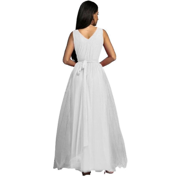 Dam V-ringad Brudtärna Maxiklänning för bröllop Balklänning för damer Kvällscocktailparty Split långa klänningar White L