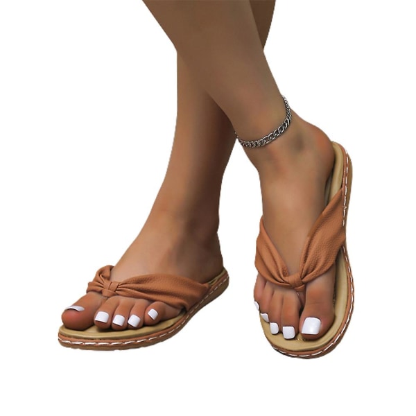 Dame Sløyfe Flip-Flops Tøfler Casual Clip Toe Sandaler Sommer Strand Flate Sko Brown 43