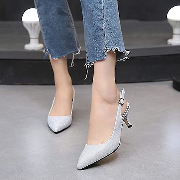 Sandaler för kvinnor - lågklackade spetsiga sandaler Silver 35