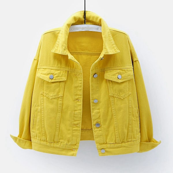 Dam Vår och Höst Jackor Varm Enfärgad Långärmad Jeansjacka Ytterkläder Yellow S