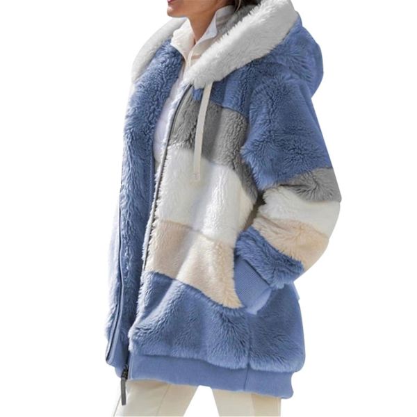 Vinter Kontrasterande Plysch Vadderad Rock Lös Passform Dragkedja Stängning Huva Rock Olika Färg Ytterkläder Blue XL