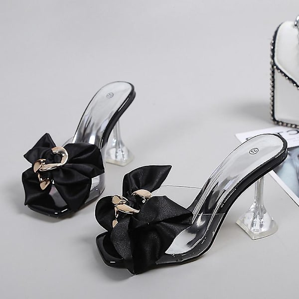 Transparenta Damslippers Sommar Mode Rosa Rosett Designer Sandaler Transparenta Klackar Black 41