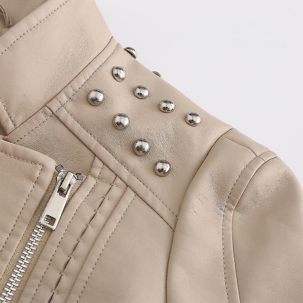 Dam Slim Fit Enfärgad Dubbad Shoulder Zip Kort läderjacka Off-White XL