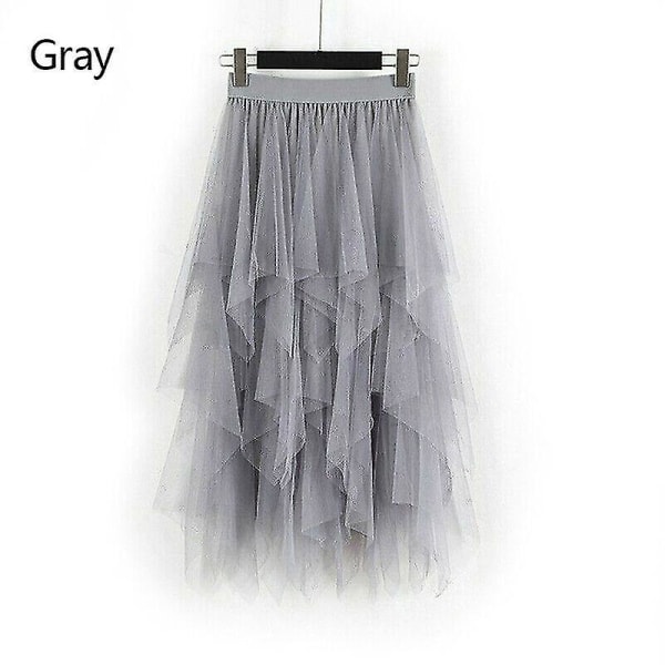 Dame Tulle Mesh Skjørt Høy Midje Lagdelt Plissert Maxi Lang Kjole One Size Grey