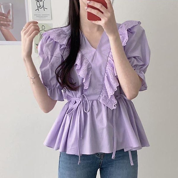 Spetsblus för damer med volanger, skjorta, peplum, puffärm, V-ringad Retro-3 Purple L(UK 10)