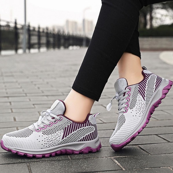 Dame Snøresko Mesh Pustende Casual Løping Fitness Gym Joggesko Myk Såle Gåsko Sportssko Light Grey 36