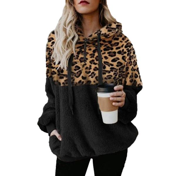 Hættetrøje til kvinder Leopard Print Plys Sweatshirt med lommer Snørehætte Black 4XL