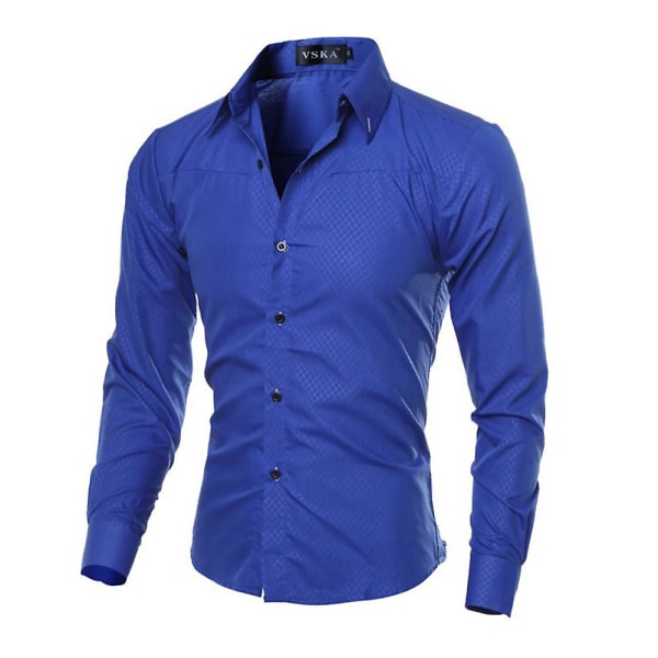 Men Argyle Pattern Slim Fit Dress Shirt Casual Långärmad Party Business Lapel T-shirt Royal Blue 3XL