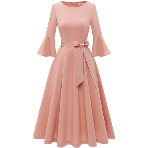 Elegante cocktailkjoler med klokkeærmer til kvinder til bryllup Gæstepasform og udsvajet Beskeden Kirkemidi Aftenkjole pink M pink m