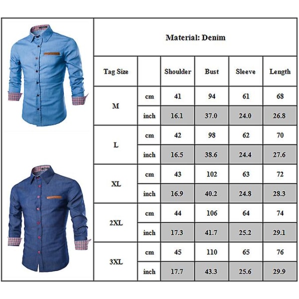 Herre Knapper Opp Denim Skjorte Casual Business Langermet Revers Krage T-skjorte Topper Light Blue M