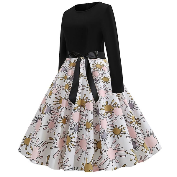 Dame Print Rockabilly Retro Langærmet A-linje Kjole Fest Hepburn Swing Kjoler M