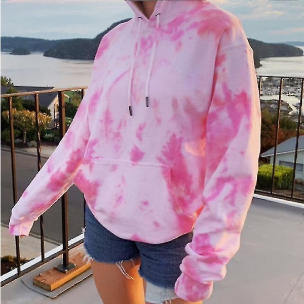 Tie Dye Sweatshirt Långärmad Dragsko Pullover Toppar Lös Casual Sweatshirt För Pink L