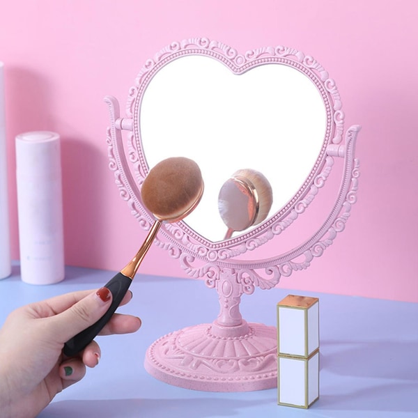 Dubbla sidor sminkspegel med retro stativ Hållare kärlek hjärta form för kvinna sminkverktyg Heart Shaped Pink