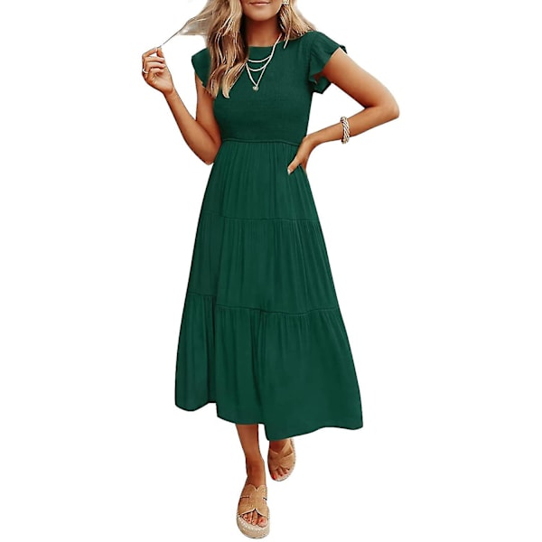 Sommarklänning för damer, ledig, med korta fjärilsärmar, rund hals, smockad resår i midjan och volangkjol i midilängd Forestgreen Medium