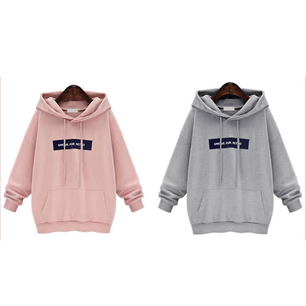 Trykket hettegenser for kvinner med frontlomme, avslappet vintergenser, løs passform Pink 2XL