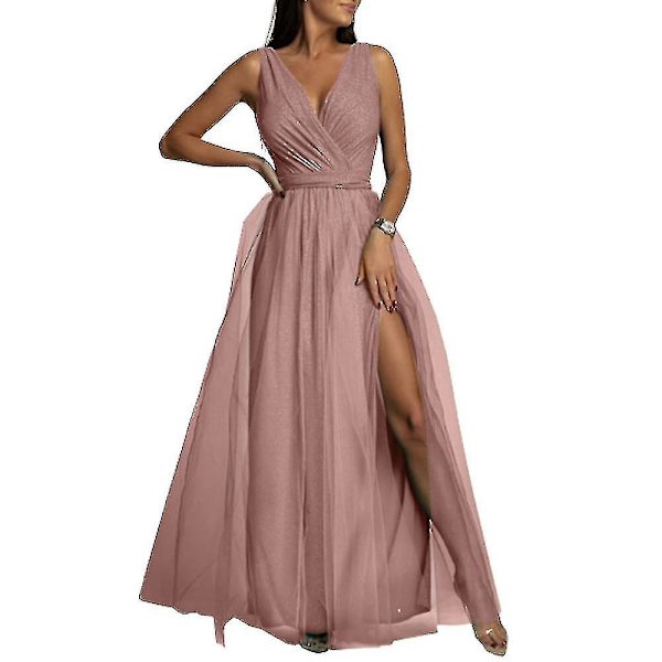 Dame V-hals Brudepige Bryllup Maxikjole Dame Galla Balkjole Aften Cocktailparty Slids Lange Kjoler Champagne XL