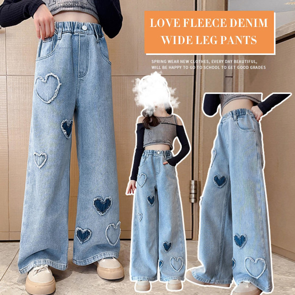Jenter Vide Ben Denim Bukser Elastisk Midje Hjerte Mønster Trykk Jeans For Ferie Hverdagsbruk Skole Blue 170