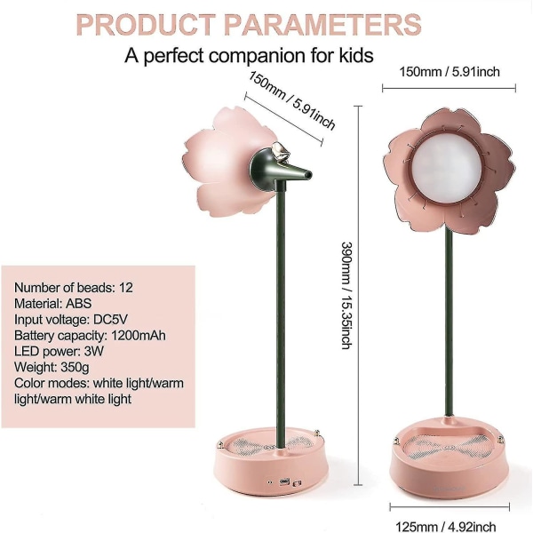 Skrivebordslampe for barn, dimbar LED-bordlampe med 3 fargetemperaturer for lesing, studier, arbeid - kirsebærblomstpulver Cherry Blossom Powder