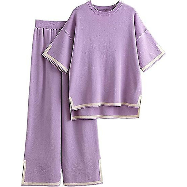Fashion Kostym Färgkontrast Split Kortärmad Stickad + Högmidjade Slankande Vida Byxor Tvådelad Set purple M