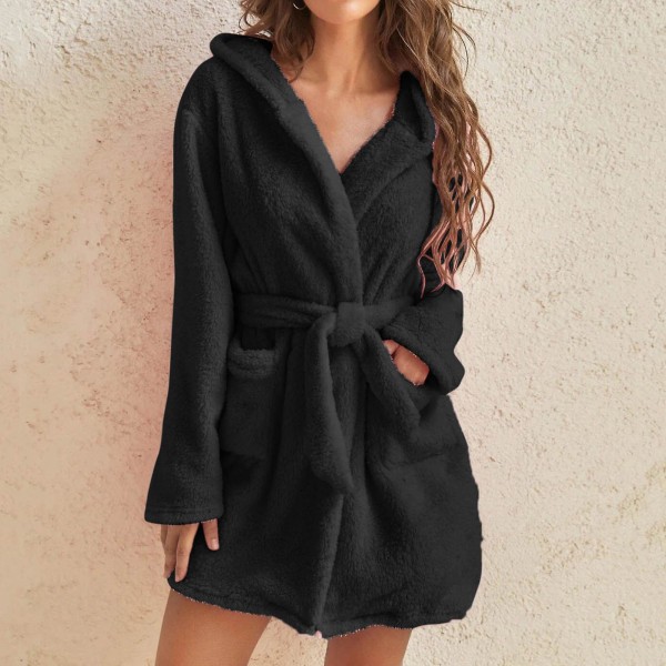 Vinter og høst fuzzy badekåpe dame korallfleece hjemmeklær hette åpen front med belte Gray XL