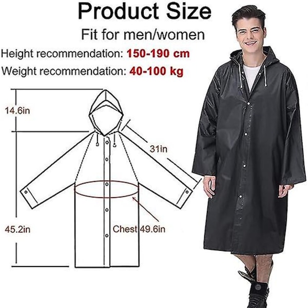 Aikuisten sadetakki, uudelleenkäytettävä, unisex hätäsadetakki, sadetakki hupulla ja kiristysnyörillä black L