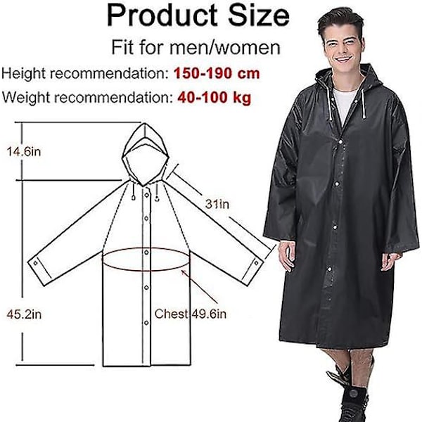Genanvendelig regnfrakke til voksne, unisex nødregnfrakke, regnfrakke med hætte og snøre black L