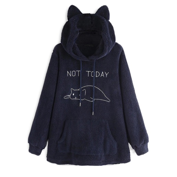 Oversize Fleece Hoodie Med Kattöron Kvinnor Höst Vinter Pullover Dubbelsidig Plysch Broderi Navy Blue 5XL