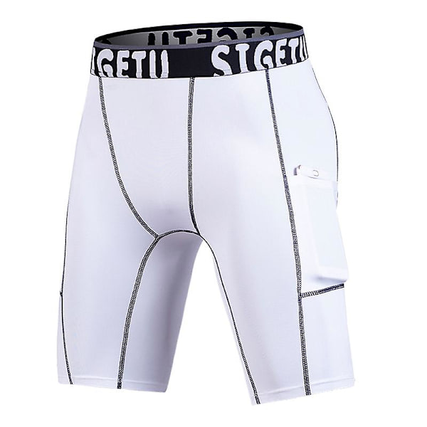 Herrtights med ficka, snabbtorkande, elastiska, sportkompression, gymtights, sommarträningsbyxor White 2XL