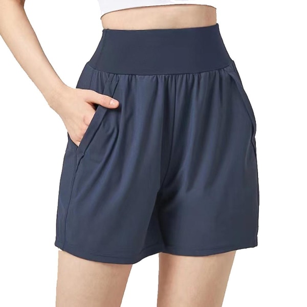 Kvinnors enfärgade fitnesshorts med fickor, mjuka och bekväma löpartights för cykling och simning Navy Blue S