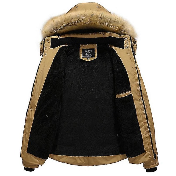Miesten tekoturkiksella vuorattu hupullinen takki, topattu tikattu puffer-takki Khaki M