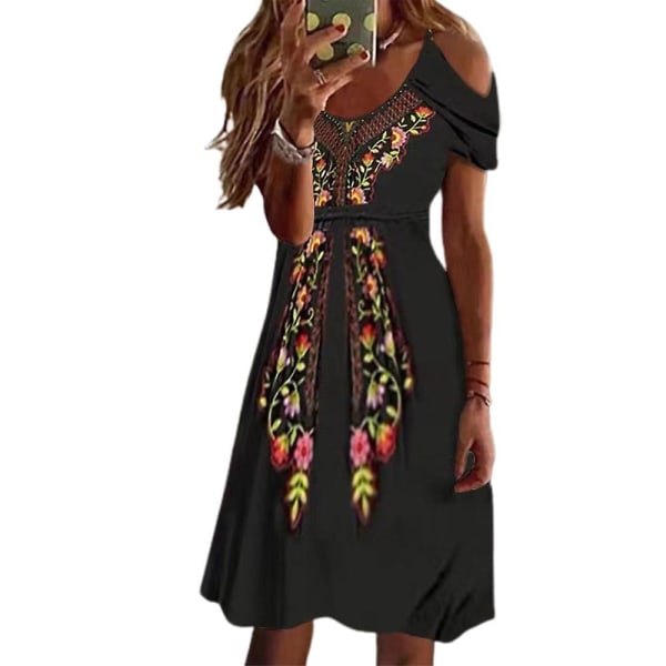 Dam Bohemisk Blommig Cold Shoulder A-linje Klänning Sommar Kortärmad Klänning Plus Size Black M