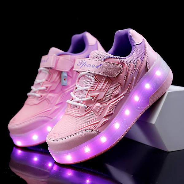 Barn Två Hjul Lysande Lysande Sneakers Röd Rosa Blå Led Ljus Rullskridskor Skor Barn Led Skor Pojkar Flickor USB Laddning Q7- pink 38