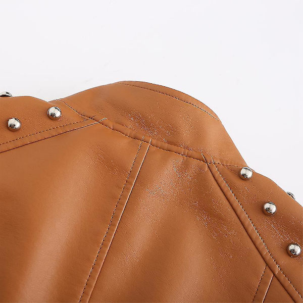 Dam Slim Fit Enfärgad Nitat Axel Dragkedja Kort Läderjacka Camel M