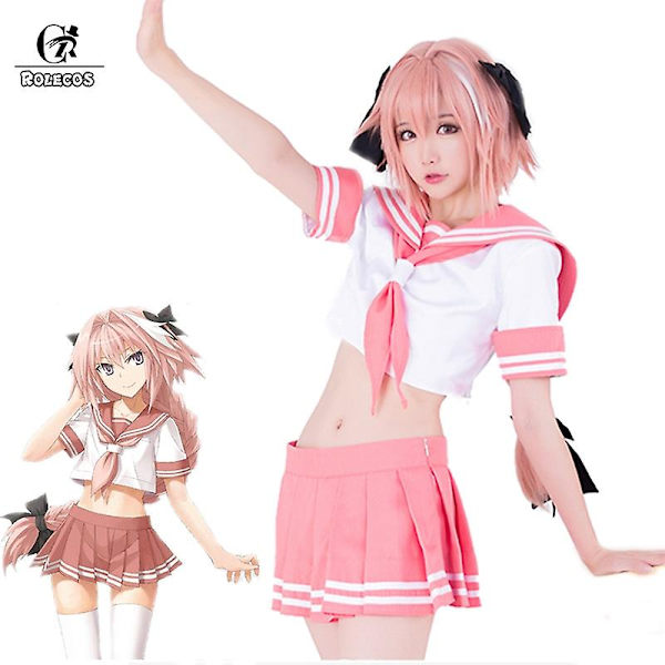 Peli Fate Apocrypha Cosplay -asu Astolfo Cosplay -univormu Koulun vaaleanpunainen univormu Naiset Fgo -asu costume and wig M-Fate Apocrypha