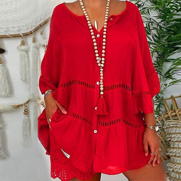 Dame Bomull Lin Hul Ut Ruffle Pullover Tunika Topper Bluse Skjorte Pluss Størrelse Red L