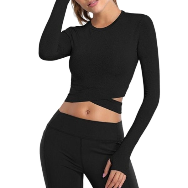 Korta Ärmar Crop Tops Yoga Löpartröjor Gym Träning Cropped Toppar För Kvinnor Black S