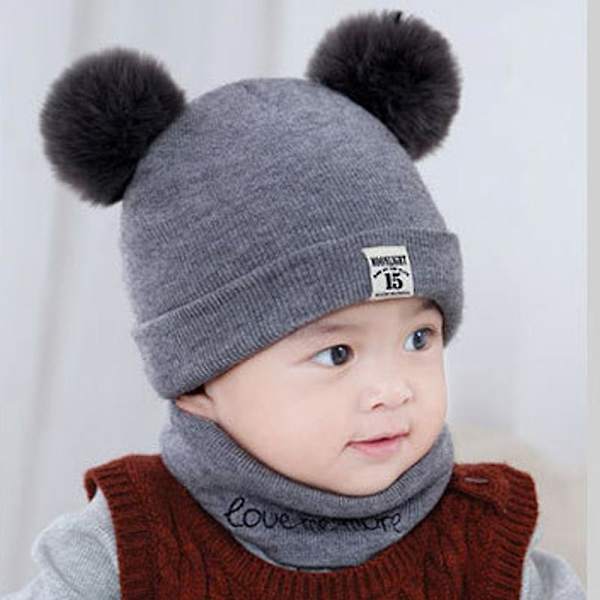 Stickad Babymössa med Pom Pom Tofs och Snood Halsduk Pojke Flicka Småbarn Mössa Set Grey