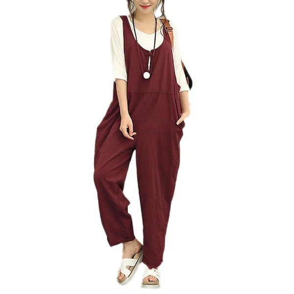 Dame Casual Solid Jumpsuit Løs Baggy Lin Buksedress Bukser Playsuit Overalls Romper Wine Red L