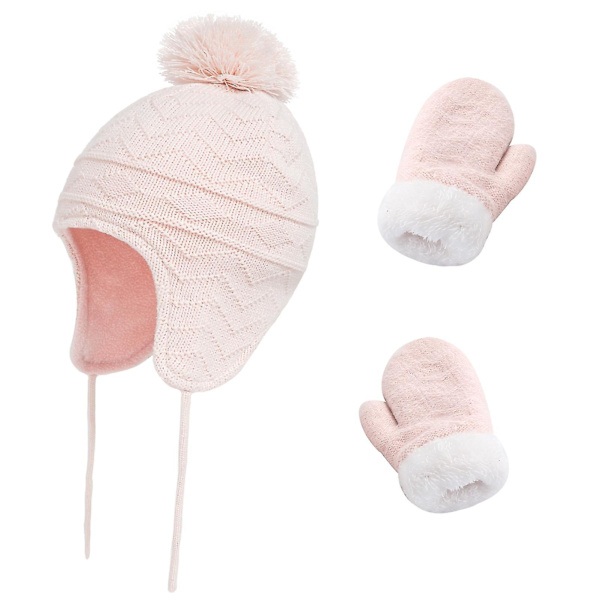Barn Vinter Öronmuff Mössa Pompom Stickad Hatt Tjock Vante Vante Värmare Set Light Purple
