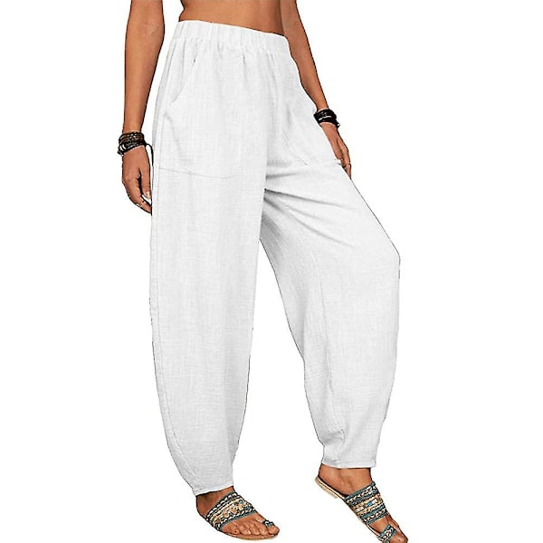 Dam Bomull Linne Look Baggy Vida Ben Byxor Casual Yoga Haremsbyxor Sommar Strand White M