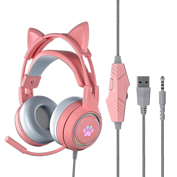 Lysende Katteører Kablet Gaming Headset for PC, USB Kablet Kattehodetelefon