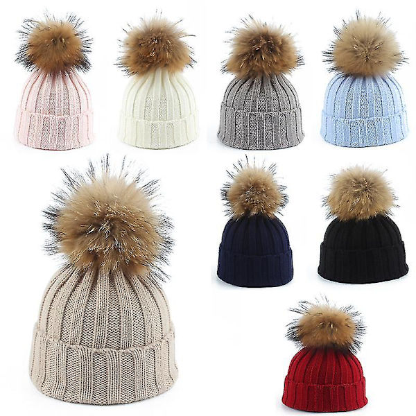 Småbørn Piger Drenge Varm Vinter Pels Pom Hat Strik Hue Hæklet Ski Bold Kasket beige