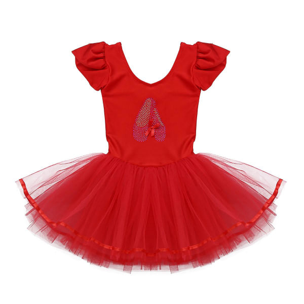 2-10 År Piger Ballet Kjole Gymnastikdragt Ballerina Sko Print Mesh Tutu Danseklasse Sceneoptræden Kostume Dansebeklædning Red XXXL